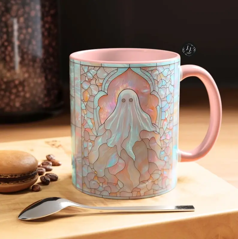 Spooky Ghost Mug: Faux Stained Glass Halloween Ceramic Coffee Cup Lelore