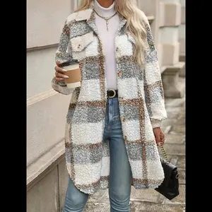 Long Sleeve Plaid Fuzzy Lapel Collar Jacket - Soft, Elegant, and Warm for Fall & Winter - Machine Washable Polyester Coat for Women