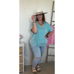 Ribbed Striped Oversized Top - Light Teal