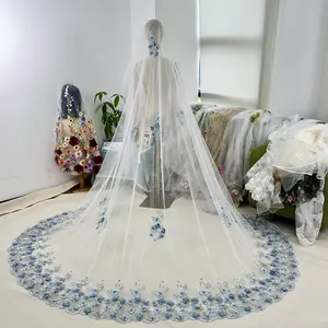 Blue embroidered floral veil,elegant gradient blue bridal veil,delicate and romantic wedding veil for bride