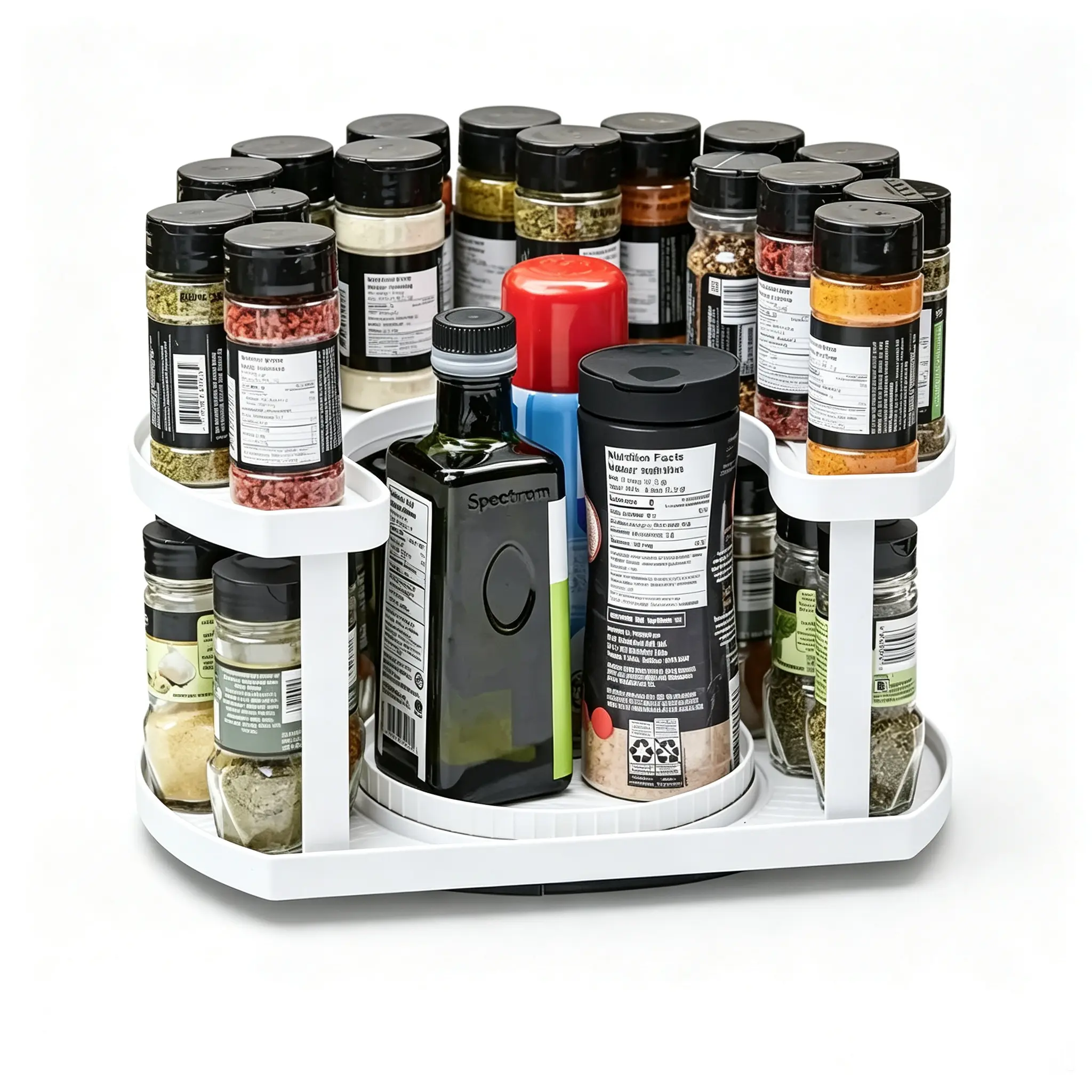 2-Tier Lazy Susan Spice Rack Organizer, Adjustable Height D-Shape Rotating Spice Storage Holder, 360° Rotatable Cabinet Seasoning Organizer for Kitchen Pantry, Fridge, Bathroom & Craft Supplies