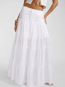 Women's Solid Color Wide Band Waist Tiered Ruffle Trim Skirt, Boho Fashion Casual A Line Long Skirt for Daily Holiday Vacation Wear, Ladies Bottoms for Summer