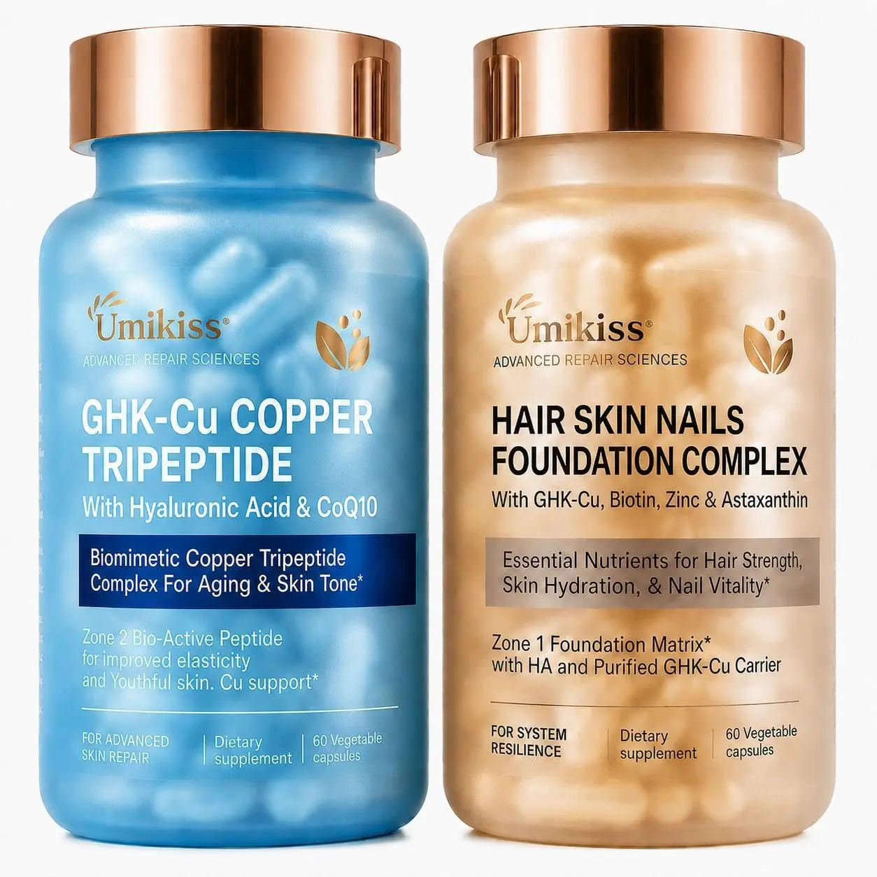 UMIKISS GHK-Cu Peptide Healthcare Dietary Supplement - Hair, Nail & Skin Support Veggie Capsules with Hyaluronic Acid, Astaxanthin, Biotin, Zinc, CoQ10, Ceramide, Vitamin C, Dual-Zone Beauty-From-Within Formula (120 Count), Skin Care