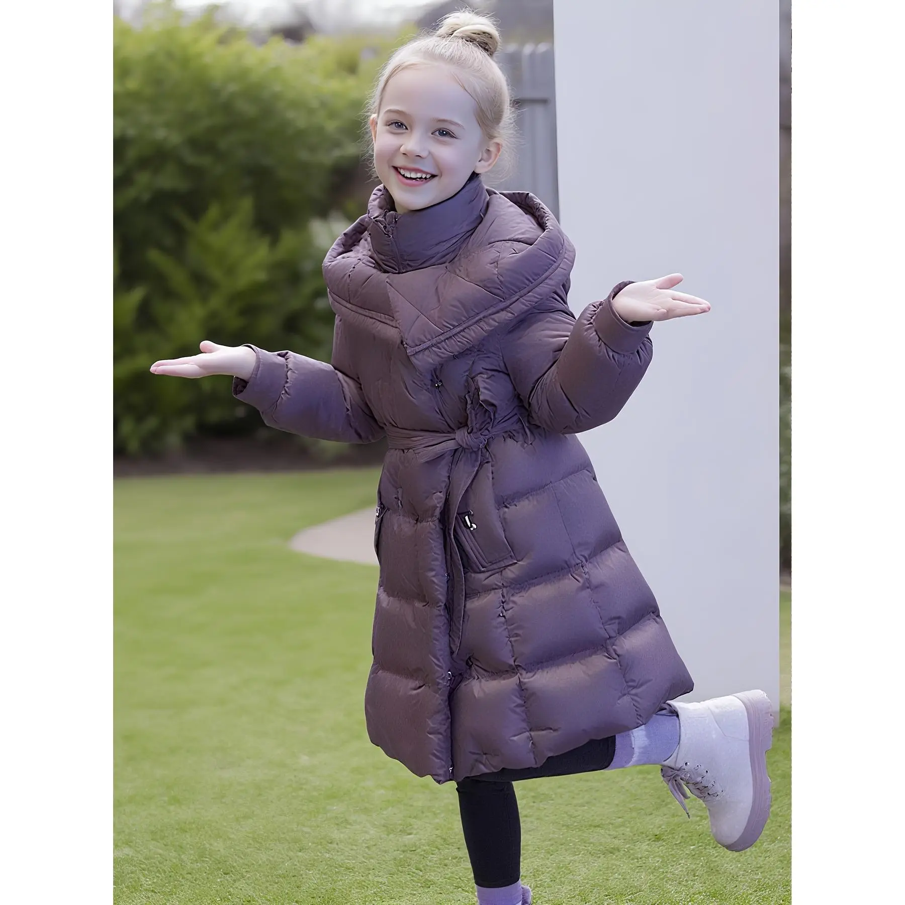 Girls' Plain Parka in a Casual Style, Hooded Mid-Length Polyester Outerwear with Regular Fit for Fall, Do Not Dry Clean, Daily Wear, Basic, Zipper Close, Woven, Child Size Girls' Winter Coats, Full Zip Girls' Winter Coats