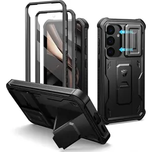 for Samsung Galaxy S25 Case with Built-in Slide Camera Cover & Screen Protector & Kickstand, Heavy-Duty Shockproof Rugged Case Full-Body Bumper Protective Cover for Galaxy S25 (2025),Black