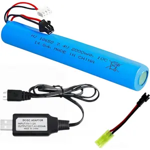 Airsoft Battery 7.4V 2000mAh 10C Li-ion wBattery ith SM-2P Plug for SRB 1200 400 400-SUB Gel Ball Water Bead Blaster with 7.4V 2S Charger