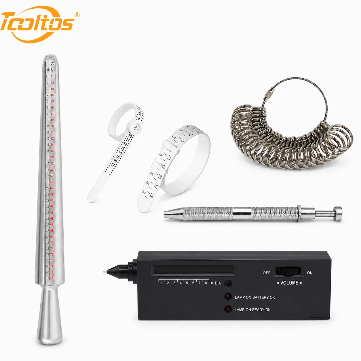 Jewelry Diamond Tester Kit with Ring Mandrel, Ring Sizer Gauge, 4-Prong Gem Holder and Measuring Tape for Gemstone Testing and Ring Sizing