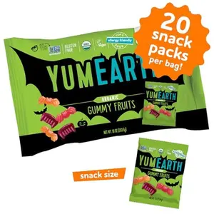 YumEarth Organic Halloween Gummy Fruits - Fruity Candy Snack Packs, Gluten Free Snacks for Kids - Allergy Friendly, Non-GMO, No Artificial Dyes - Assorted Flavors, 10 oz (Pack of 20)