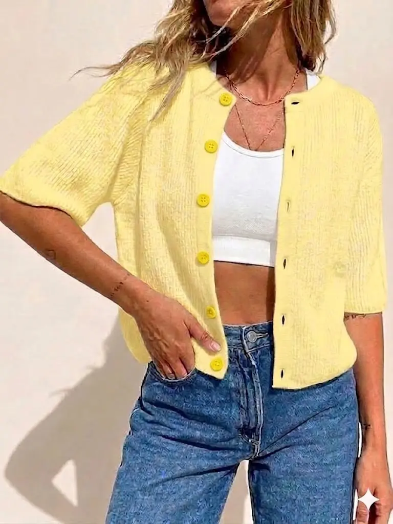Fisoew Women's Short Sleeve Cropped Cardigan Knitwear - Button-Down, Stretchy Rib Knit, Cool Cropped Fit, Breezy Half Sleeves - Casual Going Out Tops for Summer Vibes (Cardigan for Women), Basic, Lazy Outfit, Lady, Clothes, Baggy, Minimalist, Oversized