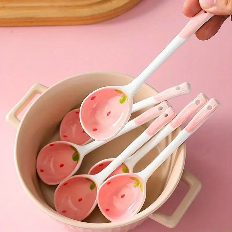Cute Strawberry Ceramic Spoon, Reusable Long Handle Serving Ice Cream Scoop, Hand-Painted Design, Durable Cutlery for Home and Café