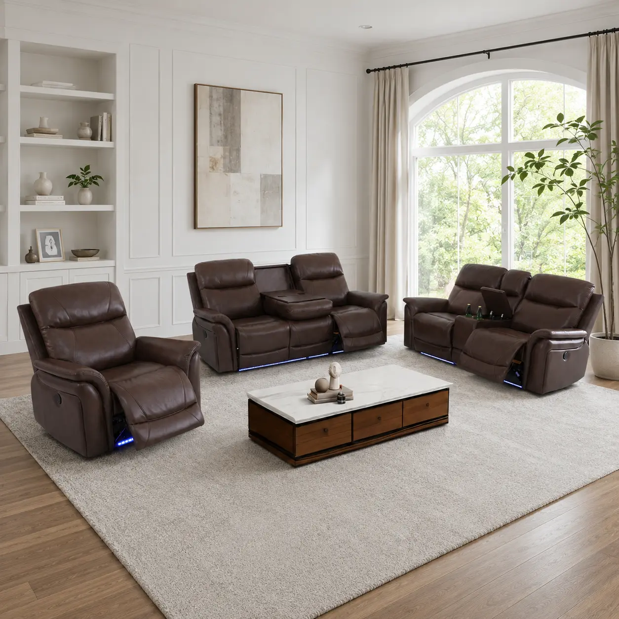 Genuine Leather Power Recliner Sofa Set with LED Lights, Wireless Charging, USB Port, Storage Console and Cup Holders, Reddish Brown