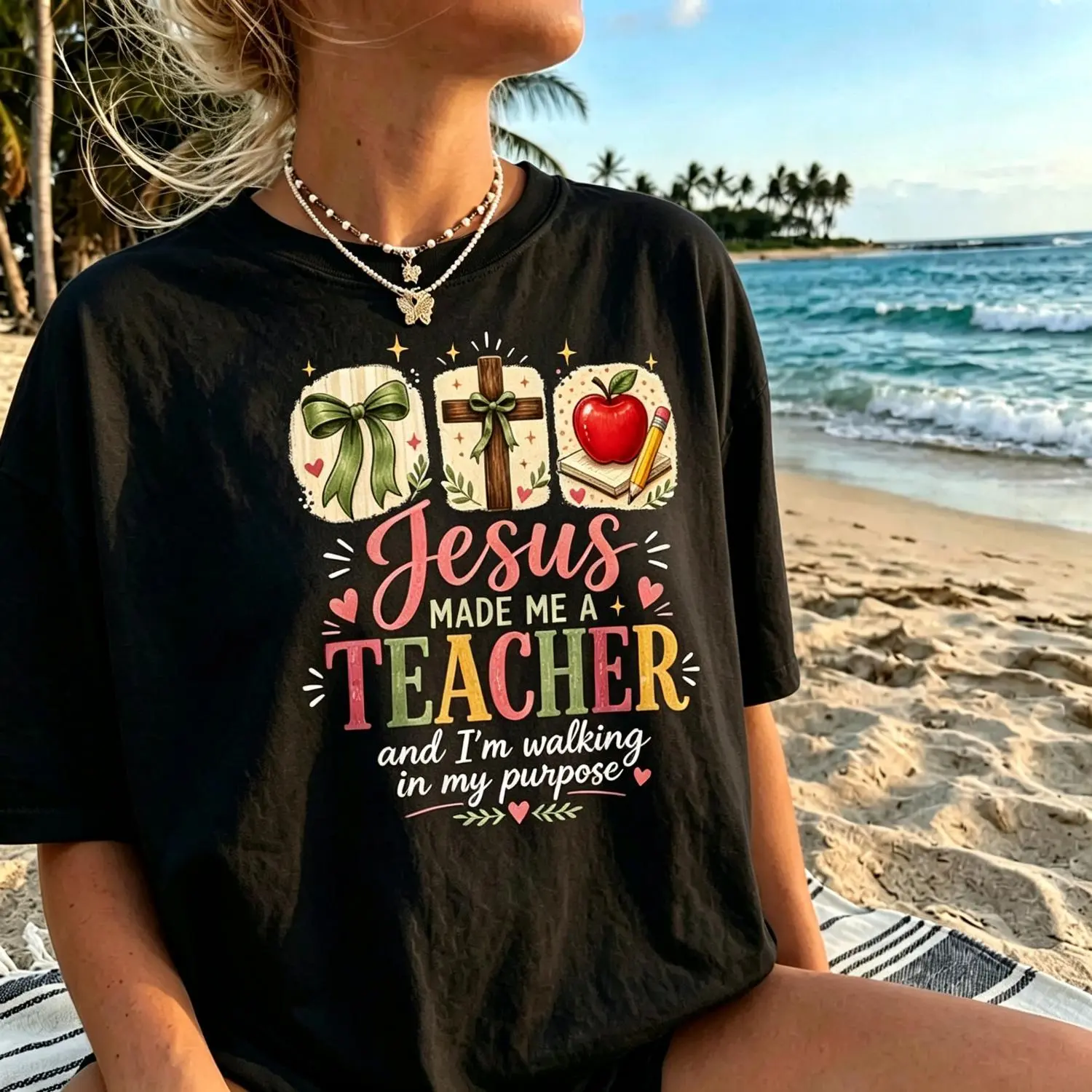 Women's Short Sleeve Crew Neck Graphic Print All Seasons Faith-Based Tee, "Jesus Made Me A Teacher" Welcome Back To School Christian Top, Religious Gift For Educators, Slim-Fit