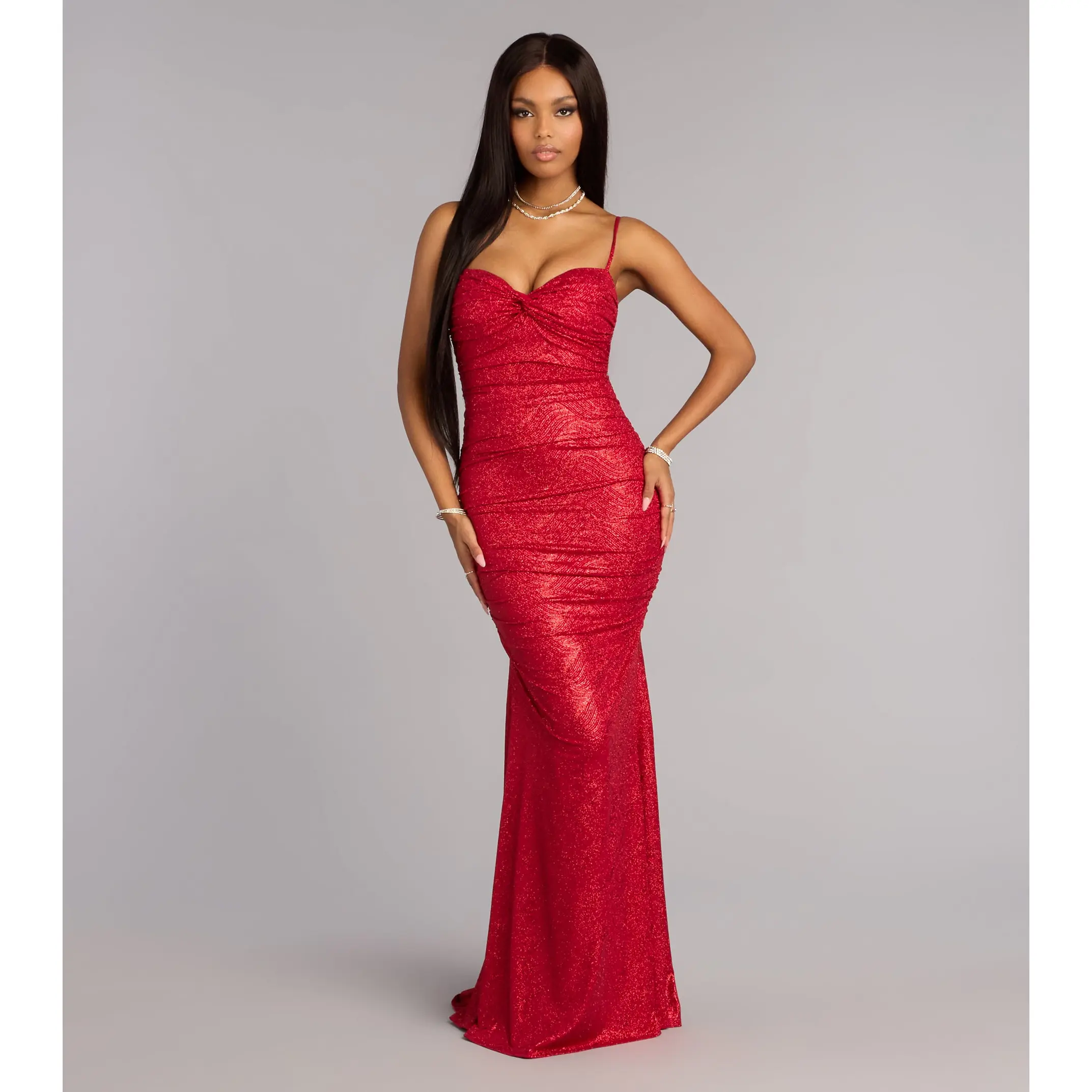 slim fit dress slacks Pink Glitter Lace-Up Ruffle Lace Tiered Long Dress with Slit main image 0