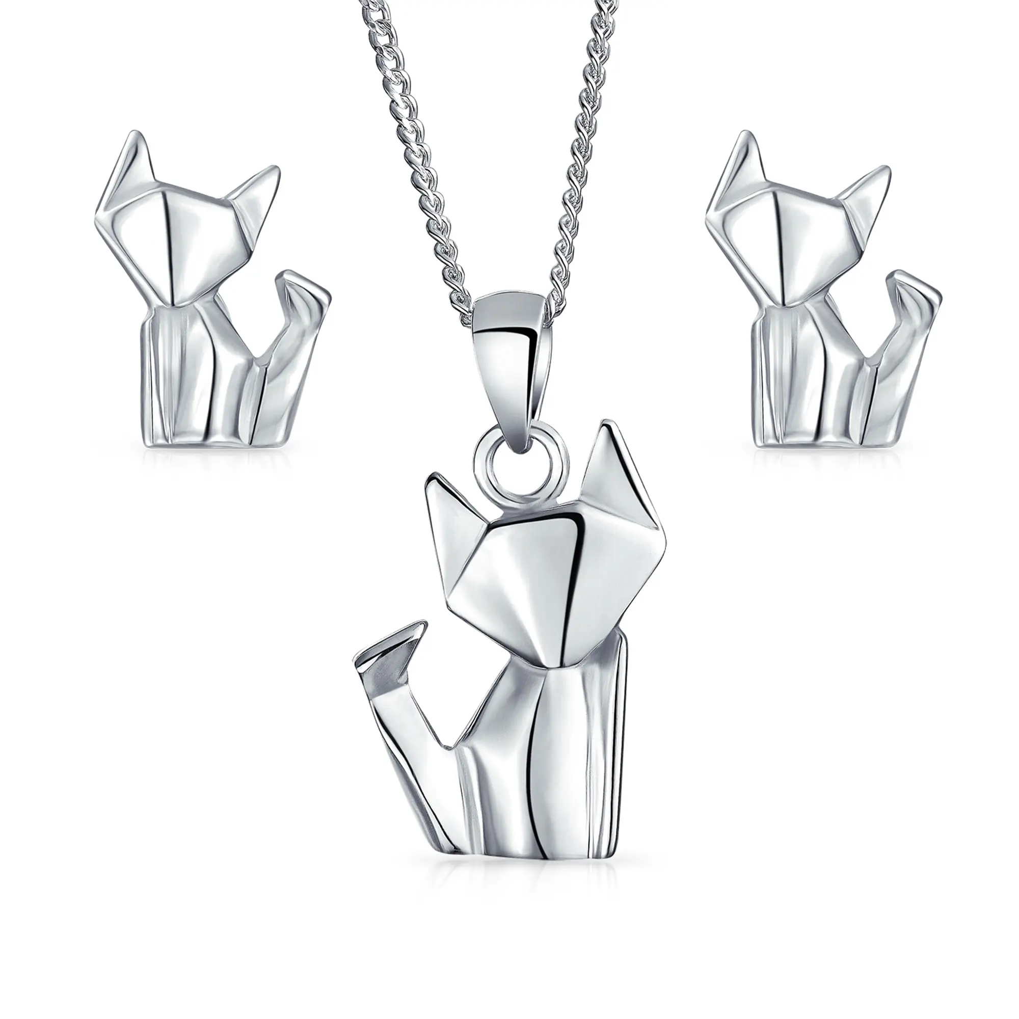 3D Origami Cat Jewelry Set Pendant Necklace and Stud Earrings