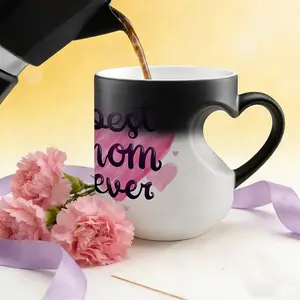 Heat-Activated Color-Changing Coffee Mug with Heart-Shaped Handle, “Best Mom Ever” Text, 11oz Unique Heart Pattern Mug, Mother’s Day Gift