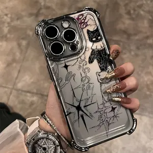 Clmj Y2K Cool Cat Phone Case Compatible with Iphone 16 15 14 13 12 11 Pro Max X XR XSMAX 8 7 Plus Electroplated Anti-Drop Transparent Soft Back Cover Phone Cover Casing