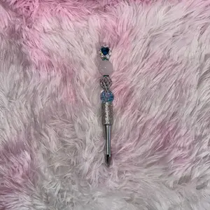 Beaded Silver Sugar Pen with Pearl and Blue Heart Bead - J [PREMADE]