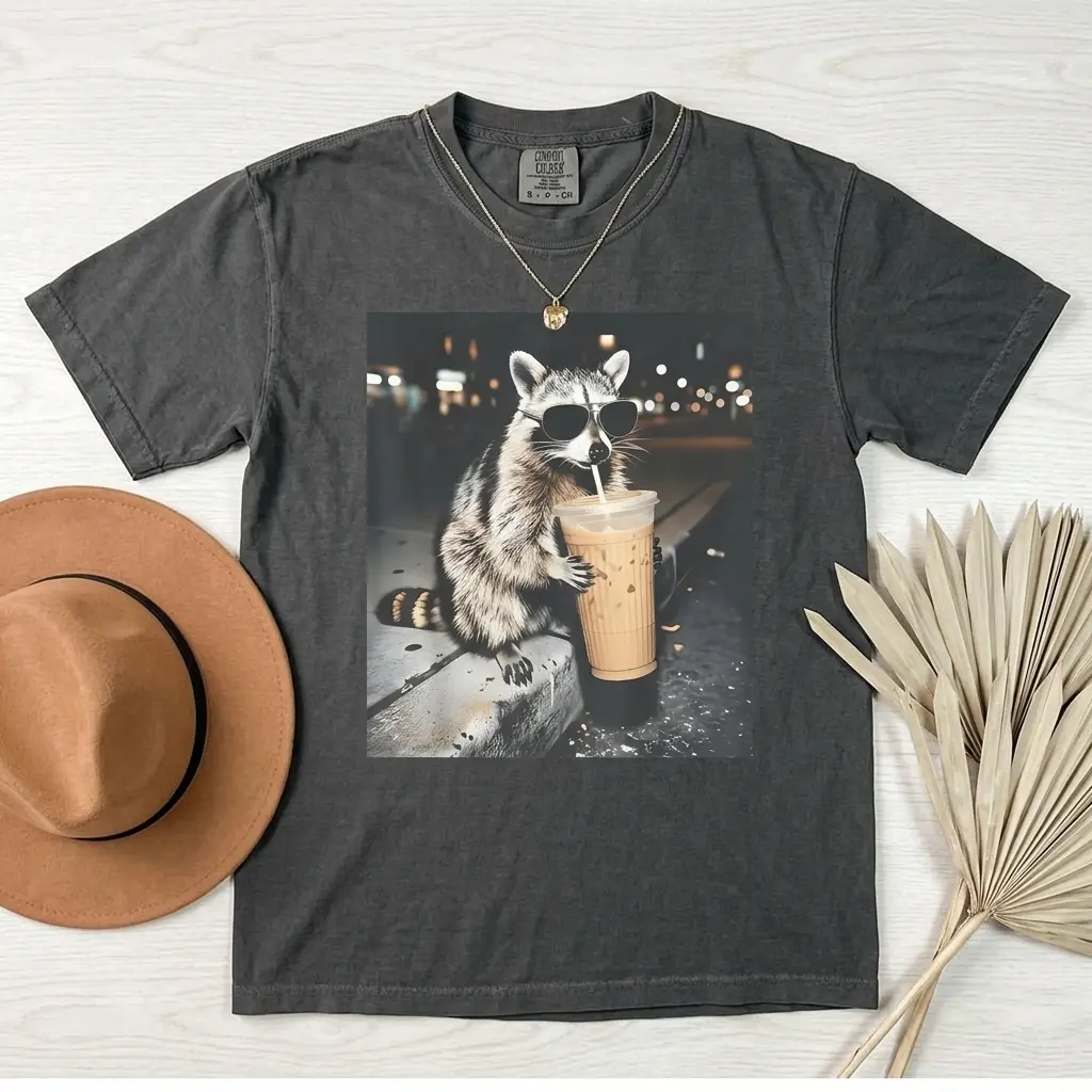 Comfort Colors Raccoon Drinking Iced Coffee Shirt | Funny Animal Meme Tee | Coffee Lover Raccoon Shirt | Comfort Colors Tshirt, Unisex Graphic T Shirt