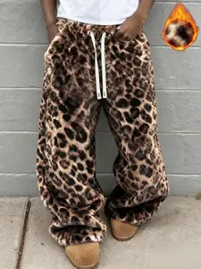 Men's Street Style Striped & Leopard Print Loose Fit Pants, Elastic Waist Knit Sweatpants, Reversible Fleece, Casual Outdoor Pants, Casual Fall Winter