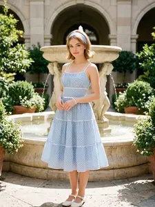 RETRO STAGE Women's 1950s Sky Blue Polka Dot Pattern Vintage Sleeveless Strap Swing Dress, Pleated Knee-Length, Marilyn Monroe Inspired Casual Womenswear