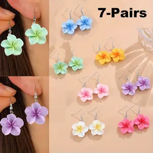 7 Pairs Bohemian Women's Colorful Flower Dangle Earrings Set - Vibrant Retro 3D Flower Handmade Candy Color Earrings Elegant Plumeria Earrings for Vacation & Casual Attire, Chic & Adorable Design Travel Beach Jewelry