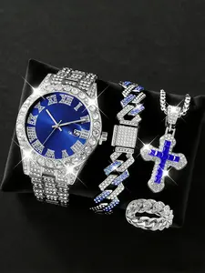 Men's Luxury Hip-Hop Watch Set with Cross Necklace, Bracelet, Ring, Rhinestones, Matching Jewelry Set, Fashionable Jewelry Gift for Him