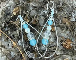 Frosted Winter Blue Beaded Dangle Earrings, Handmade Boho Glass Bead Jewelry for Women, Lightweight Gift for Her