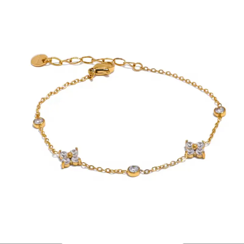 Fine bracelet with delicate cubic zirconia flower chain, rust-proof stainless steel bracelet, elegant jewelry for office for women, new gift