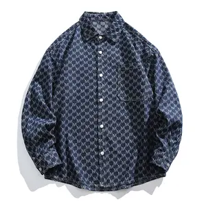 Men's single-letter print denim shirt, retro long-sleeved button-down jacquard denim shirt, high-street men's casual loose-fitting shirt jacket, Valentine's Day gift.