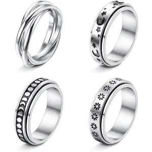 Drperfect 4-6counts Stainless Steel Spinner Ring for Women Mens Fidget Band Rings Moon Star Celtic Stress Relieving Wide Wedding Promise Rings Set Daily