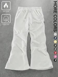 Women's Winter Plush Thick Flared Pants Fit, Warm Fleece Lined, Cartoon Embroidery Design, Casual Home Wear & Street Style