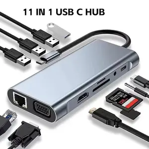 11-In-1 USB C Interface HUB Extender Base, Portable USB Hub, Dual Displays with Hdtv & Vga, 100w PD Charging, Ethernet, 3 USB Ports, Type C Ports, SD Card Reader/TF Reader, Compatible with Macbook, Windows