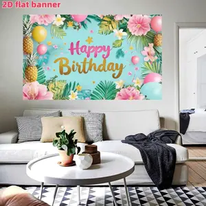 Hawaiian Birthday Party Backdrop Banner, Flamingo Palm Leaf Aloha Tropical Floral Theme, Polyester Material, Indoor Outdoor Party Decor