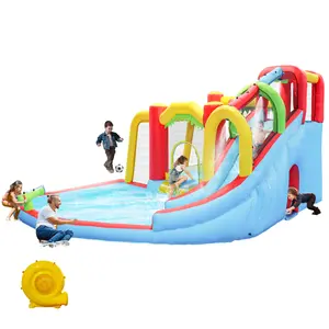 Inflatable Bounce House Water Park for Kids with Water Slides,Water Slide Inflated Bouncer,7 in1 Inflatable Slide Water Park Bouncing House Outdoor Soccer Garden Bouncer with Splash Pool  & Water Gun & Climbing Wall & Basketball & Football