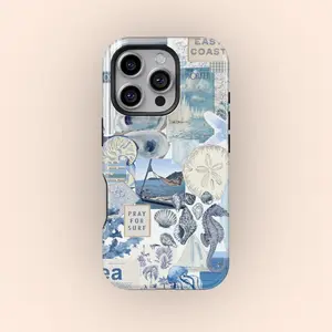 Vintage Seashell Ocean Blue West Coast Collage Premium Film 2 in 1 Phone Case - Durable, Shock Absorbing and Stylish Protection - Compatible with iPhone 16, 15, 14, 13, 12, 11, Plus, Pro, Pro Max, Perfect birthday gift for friends.