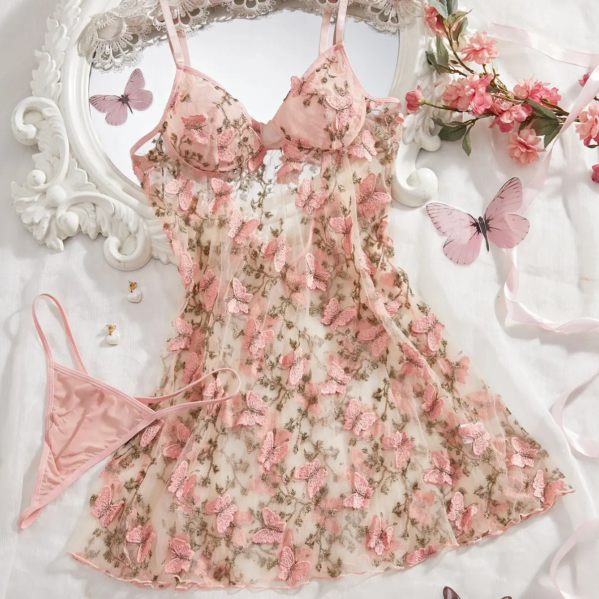 Women Lady Seductive Nightwear See-through Lace Dress Sleepwear with Floral Pattern Lingerie for Womenswear