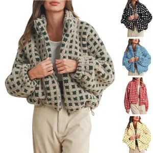 Tanming Women's Warm Plaid Sherpa Fleece Jacket Soft Teddy Fleece Zip Up Relaxed Fit with Adjustable Drawstring Hem Cozy and Stylish FallFreshnessGift