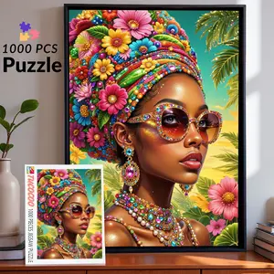 Tropical Floral Afro Beauty 1000 Pieces Jigsaw Puzzle for Adult, Vibrant Exotic Portrait Art with Jewel Details, relaxing family game stress relief brain challenge home decor gift for adults seniors wall art 27.5x20inch(70x50cm)
