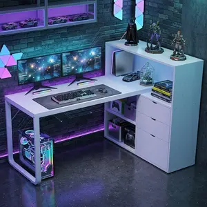 Modern White L-Shape Corner Desk, 55.1"W x 39.4"D x 44.5"H, 3 File Drawers, 4 Power Outlets & 2 USB Ports, RGB LED Lights (Music Sync/Timer), P2 MDF + Metal Frame, Nail Art/Office Desk for Home Office