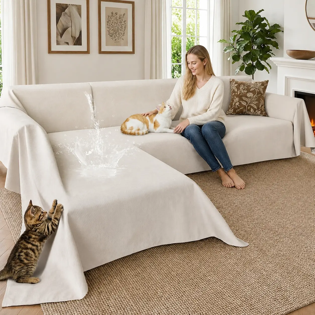 Inovaday 2-Piece Sets L-Shaped Fit Sofa Protector for Living Room, High-Density Anti-Scratch Waterproof Sofa Cover, Non-Slip Less Fur Cling Removable Washable Pet Furniture Protector,sohochic
