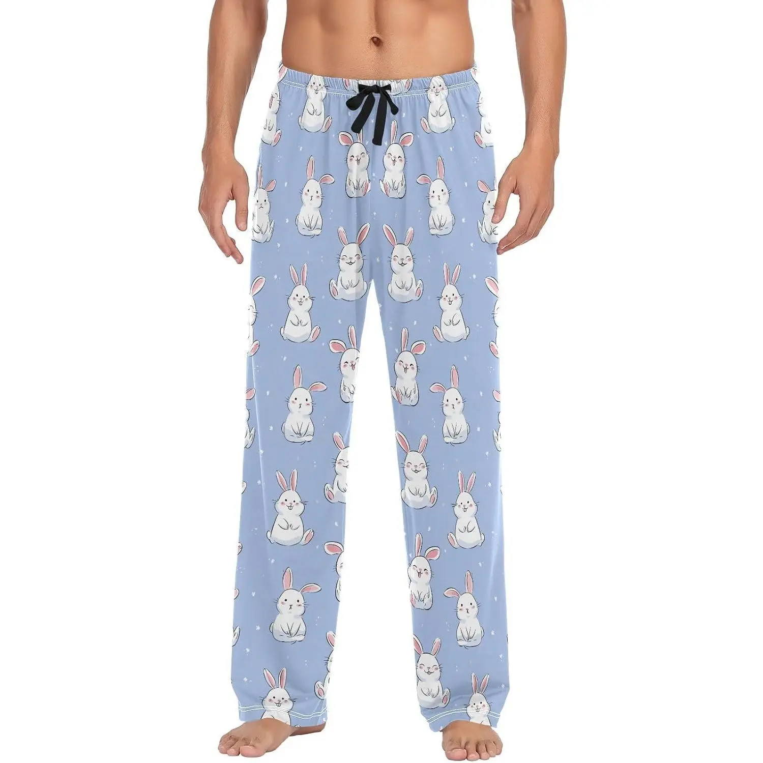 Mens Pajama Pants Cute White Rabbit Men's Pajama Bottoms Sleep Lounge Pj Pants for Men Drawstring Pockets S-XXL