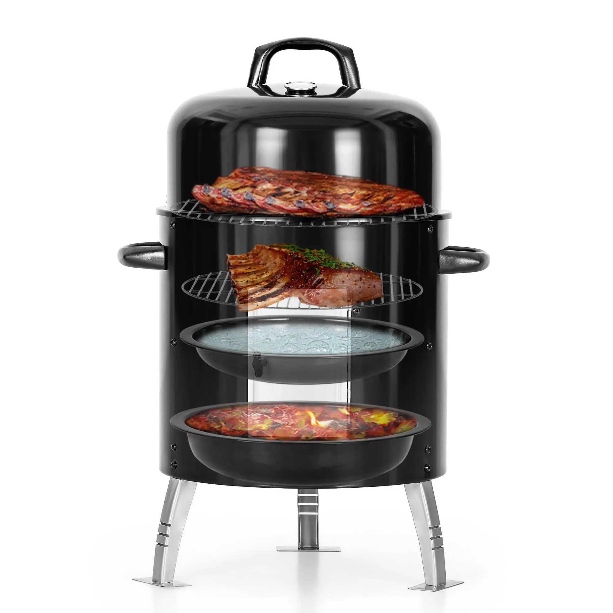 Kitchen Academy Outdoor Vertical Smoker with Integrated Thermometer Wood Chunks Grill for Grilling Picnic Camping & Party Barbecue Stainless Steel Durable 6.7" & 7" Spacious Smoking Floors