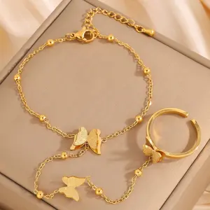 Fashionable and versatile titanium steel butterfly ring integrated bracelet girls bracelet ring creative butterfly jewelry