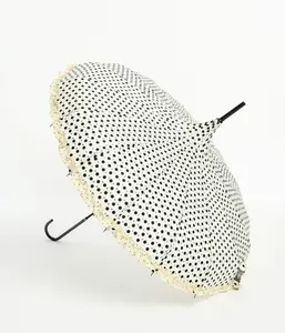 Cream & Black Sparkle Dot Frilled Pagoda Umbrella