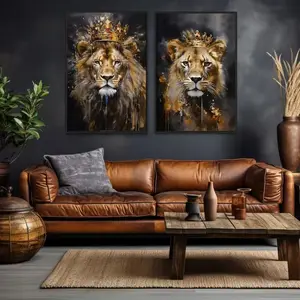 2pcs Lion King and Crowned Queen Gold Oil Painting, Romantic Couple Bedroom Unframed Wall Art Poster, Home Decor