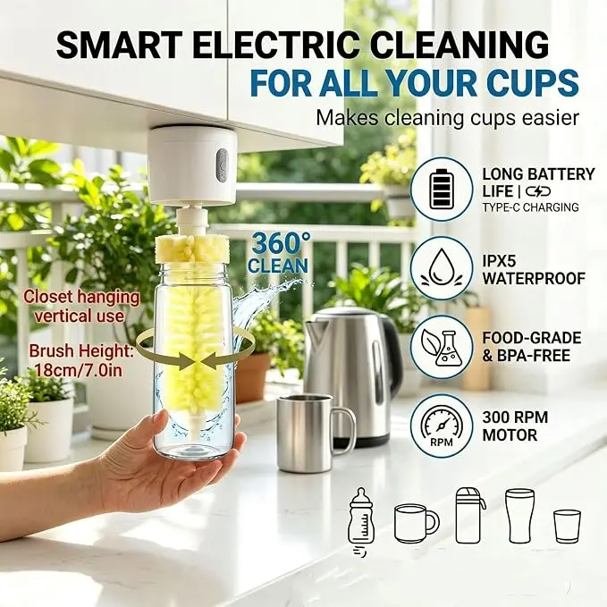 Electric Cup Brush 360° Spinning Bottle Cleaner - Rechargeable Handheld & Wall Mount, IPX5 Waterproof for Thermos, Glasses, Baby Bottles