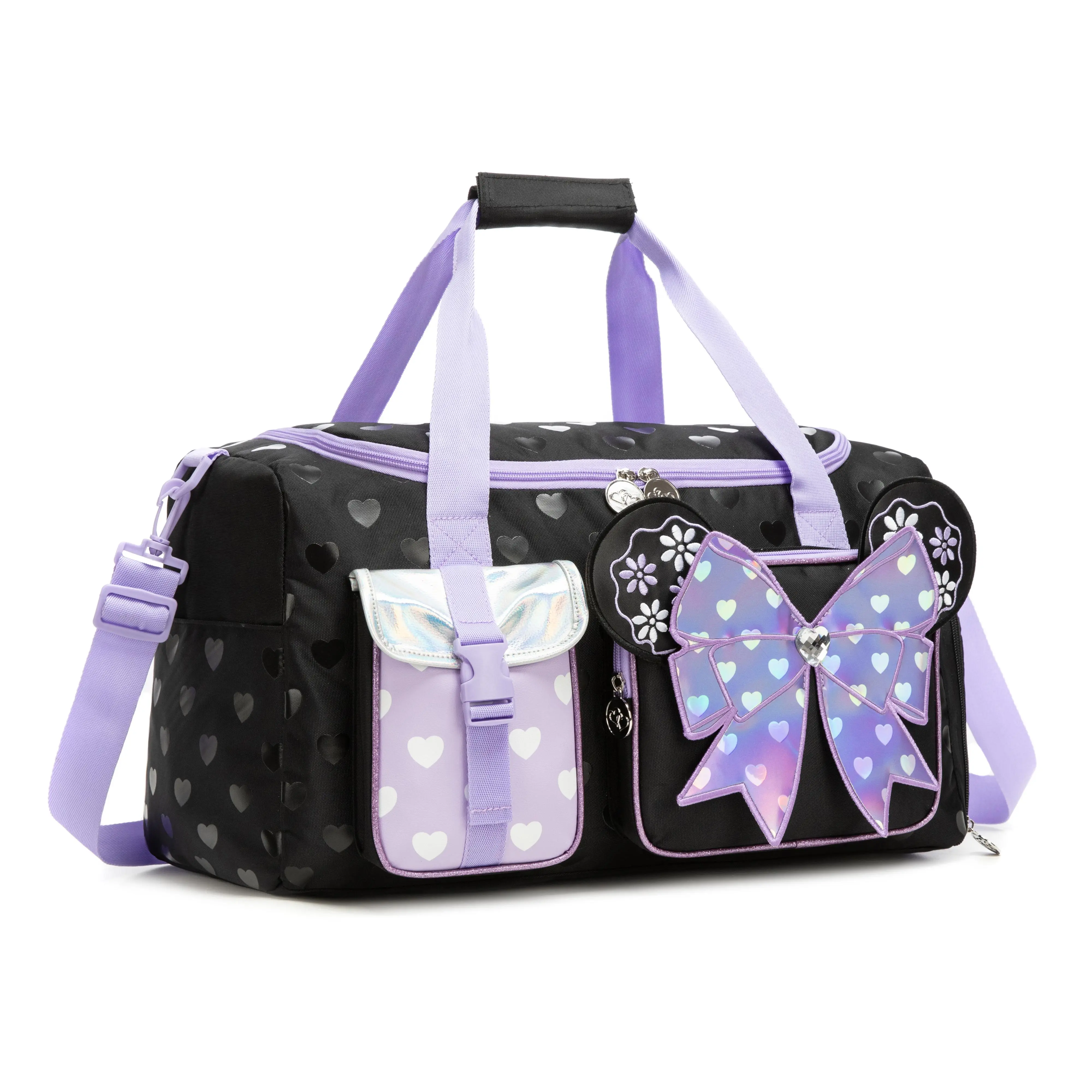 Cute Holographic Bow Minnie-Ear Kids Duffel/Weekender Bag - Black Heart Pattern Casual Cute Travel Bag for Girls with Purple Heart Pouch, Iridescent Sequin Pocket, Zip Closure, Adjustable Strap, Built-in Organizer, Stain-Resistant for Sleepover, Gym Trips
