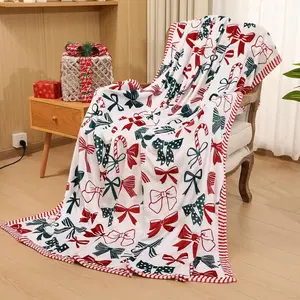 Cozy 60x80 Flannel Christmas Bow Blanket with Candy Cane Design for Cozy Aesthetic Room Decor