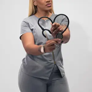 Grey Zip Me Up Medical Scrub Set - Women's Medical Scrub Set in Gray, Includes T-Shirt and Pants - Clothes, Womenswear