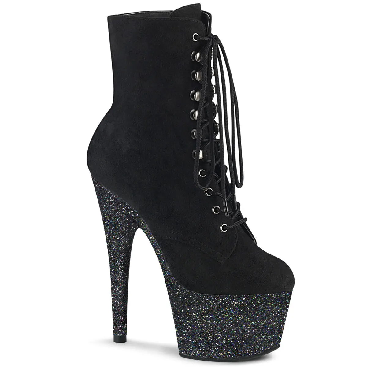Women's Black Suede Lace-Up Ankle Boots - 7 in Stiletto Heel, 2.75 in Glitter Platform, Side Zip Closure, Glitter Sole, Footwear